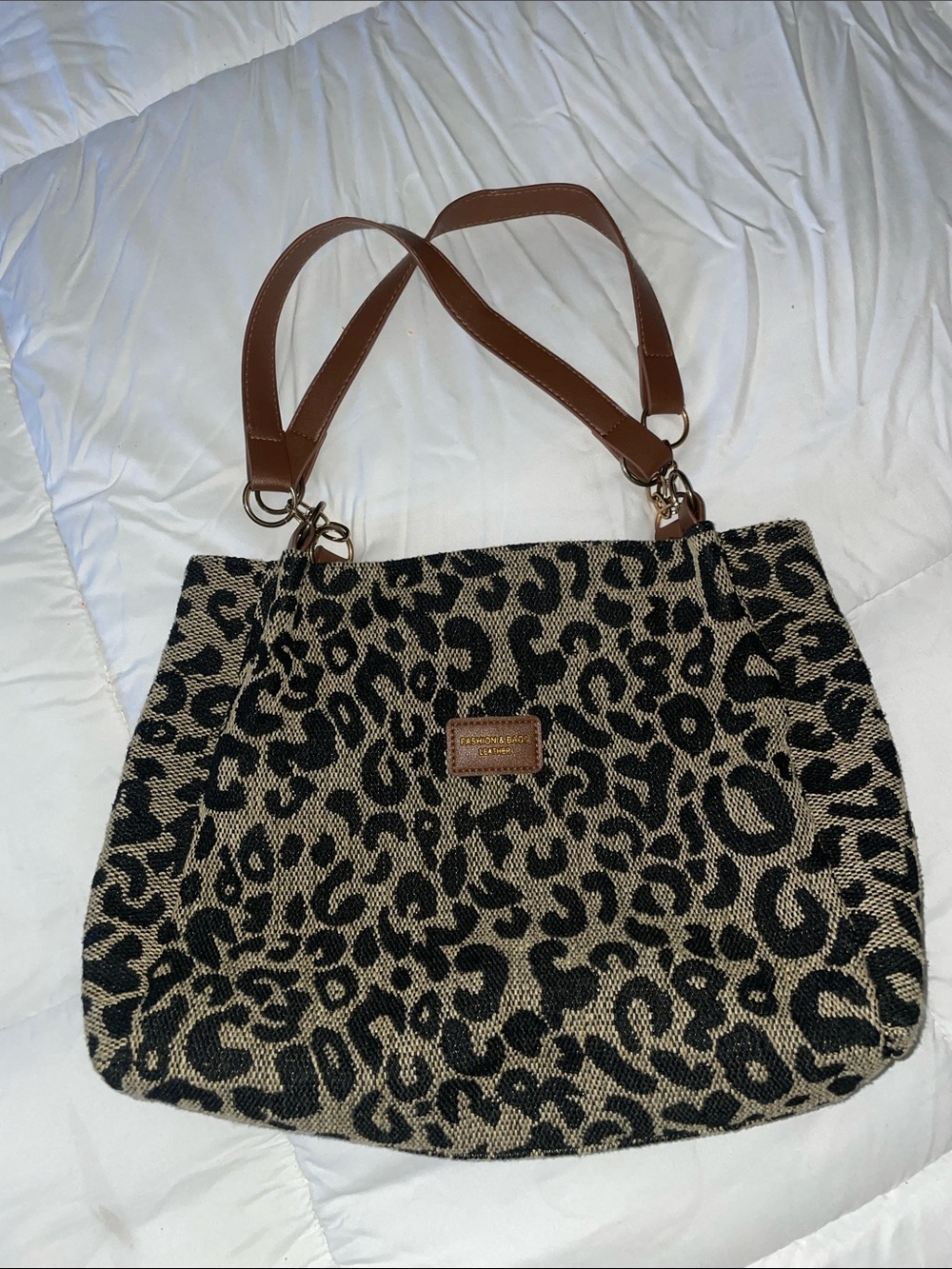 Leopard-Print Shoulder Bag with Brown Straps